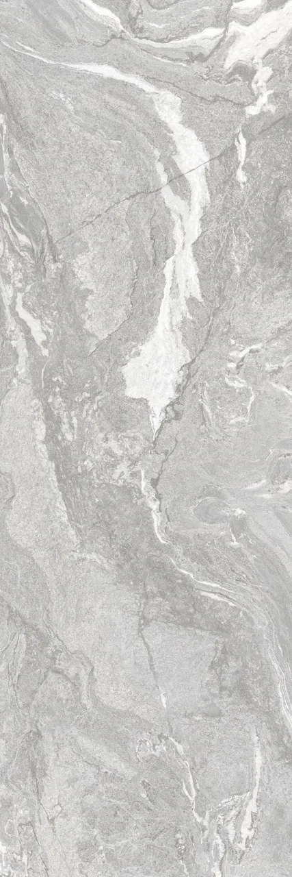 Close-up of gray white marble look sintered stone featuring bold white veining and layered gray textures.