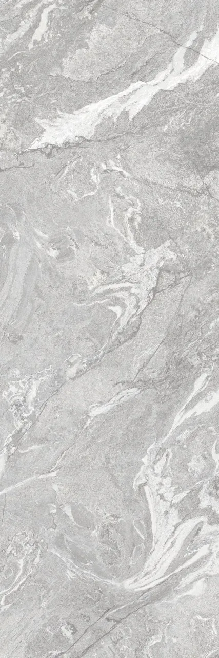 Detailed texture of gray white marble look sintered stone with natural stone-inspired movement.