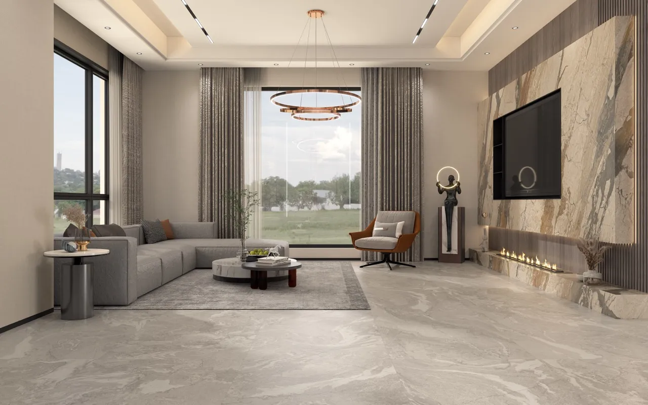 marble look gray white sintered stone living room floor application MA927261DG