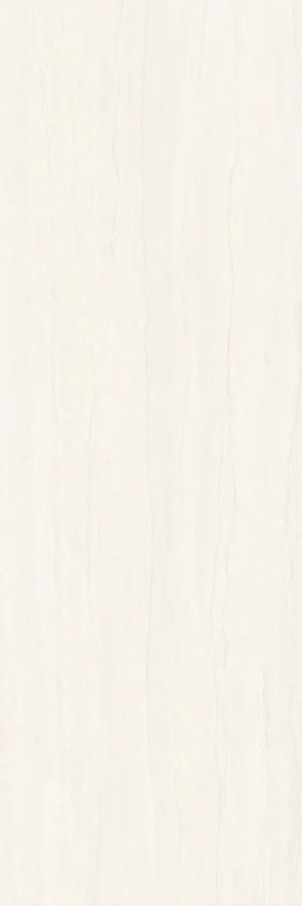 Detailed view of ivory white travertine look sintered stone with soft natural linear veining.
