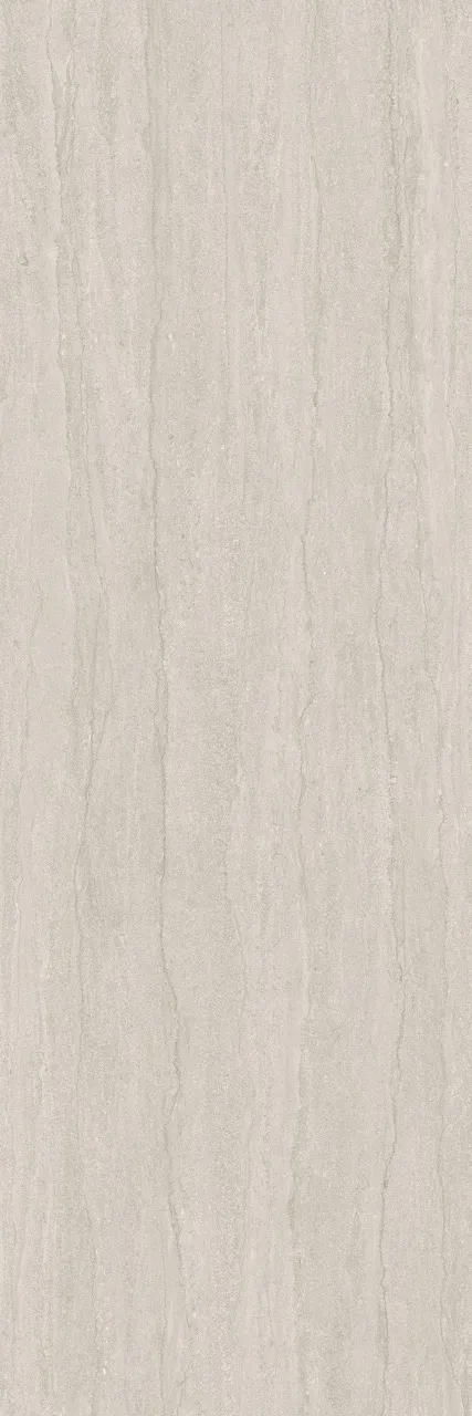 Gray travertine look sintered stone with subtle linear textures and a glazed glint lappato finish.