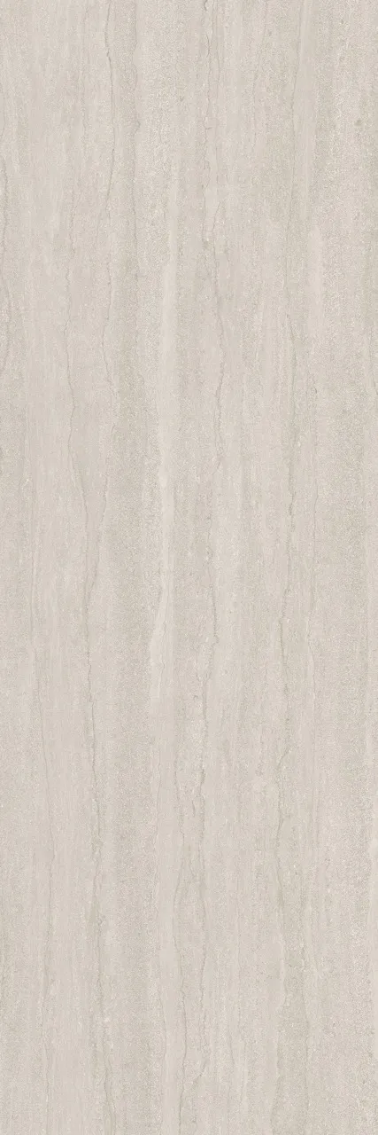 Large-format gray travertine look sintered stone with sophisticated vertical movement and glazed surface.