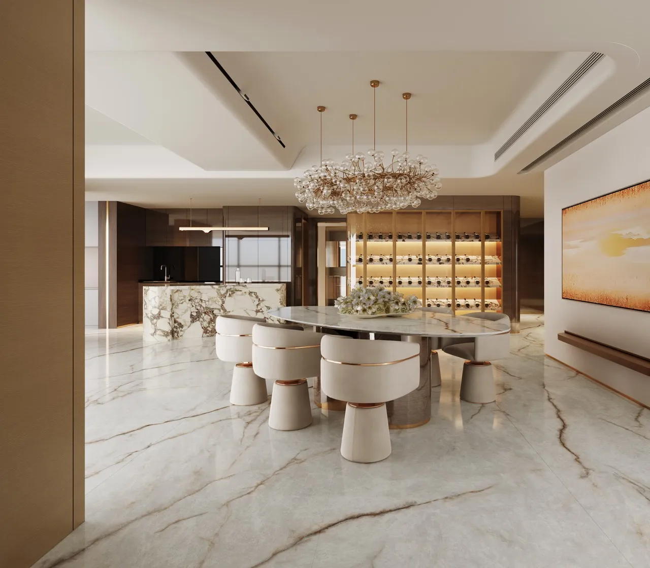 onyx look white gold vein sintered stone dining room floor MA927621LP