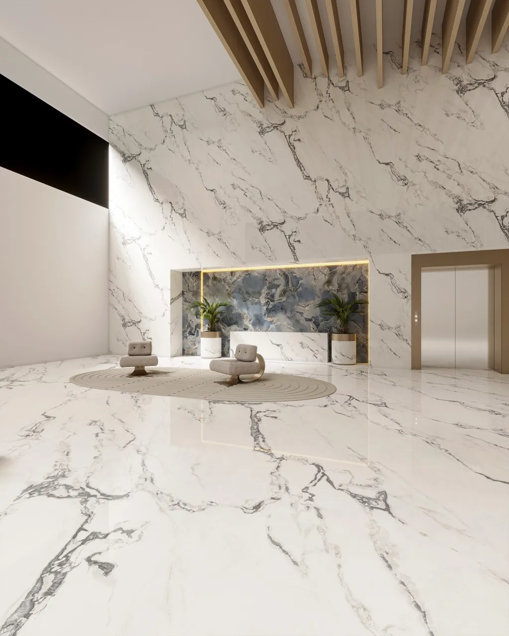 large format glossy white marble look sintered stone used in modern architectural wall and floor interiors