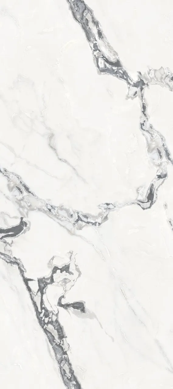 white marble look polished sintered stone slab with natural flowing grey vein pattern