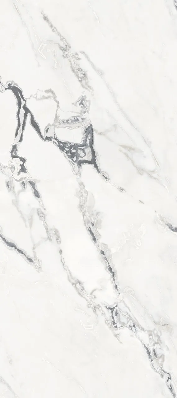 glossy white marble look sintered stone texture with refined grey stone vein pattern