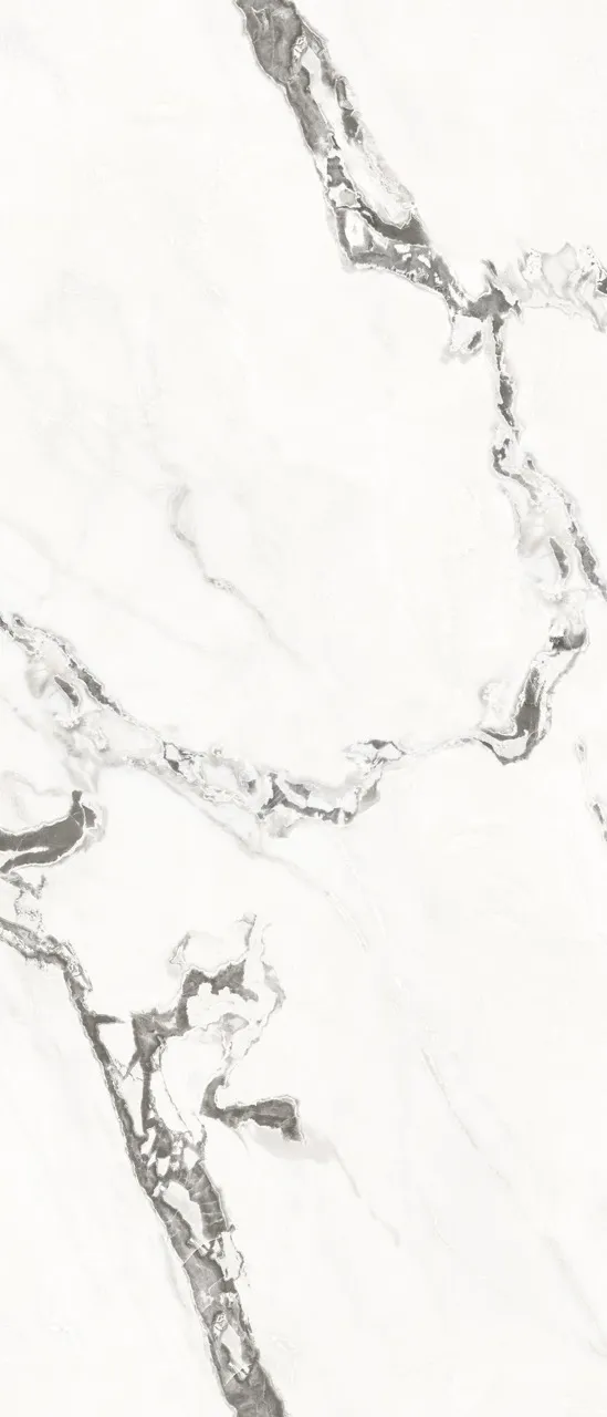 white marble look matte textured sintered stone slab with dramatic grey vein pattern