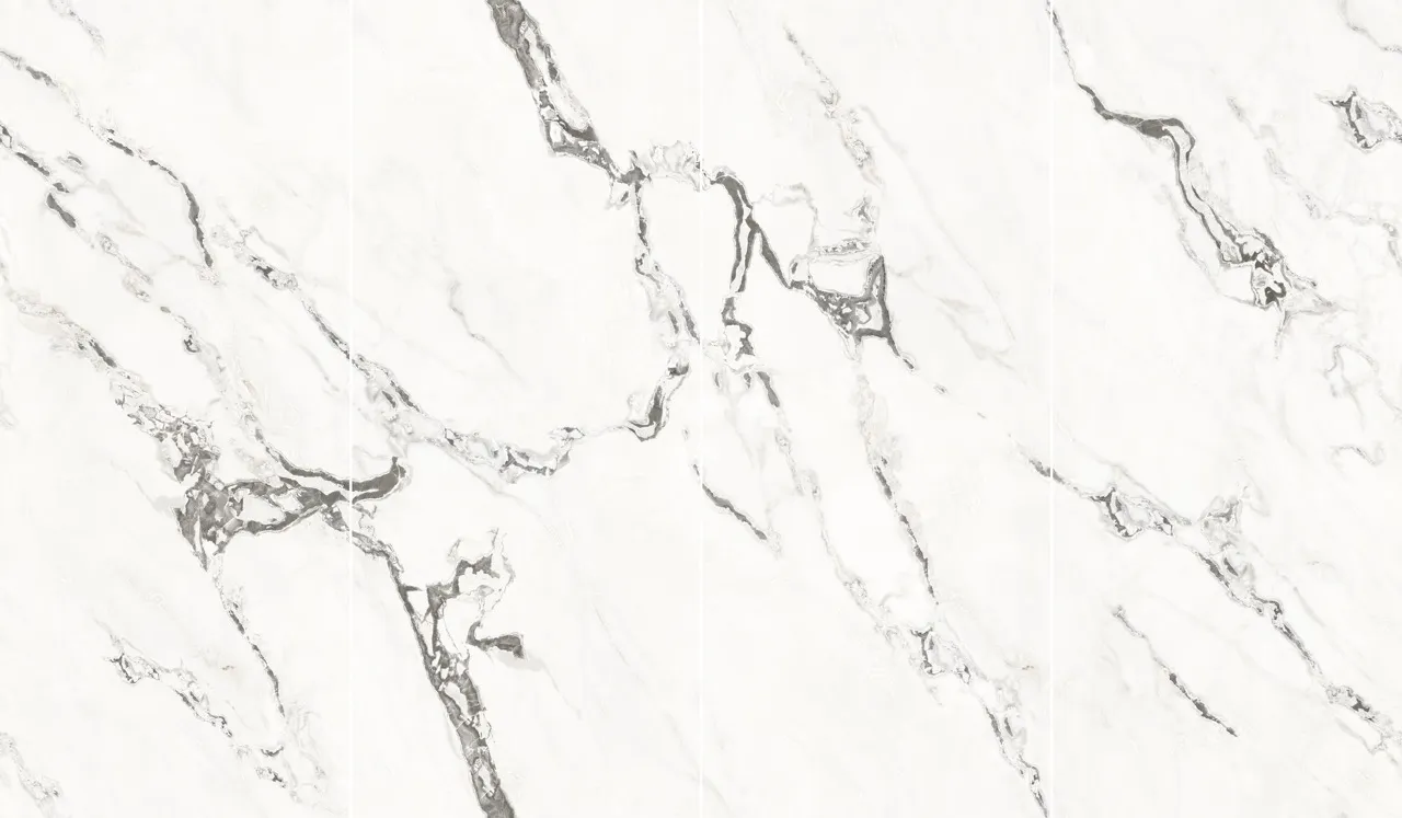 large format marble look matte textured white sintered stone four panel slab layout