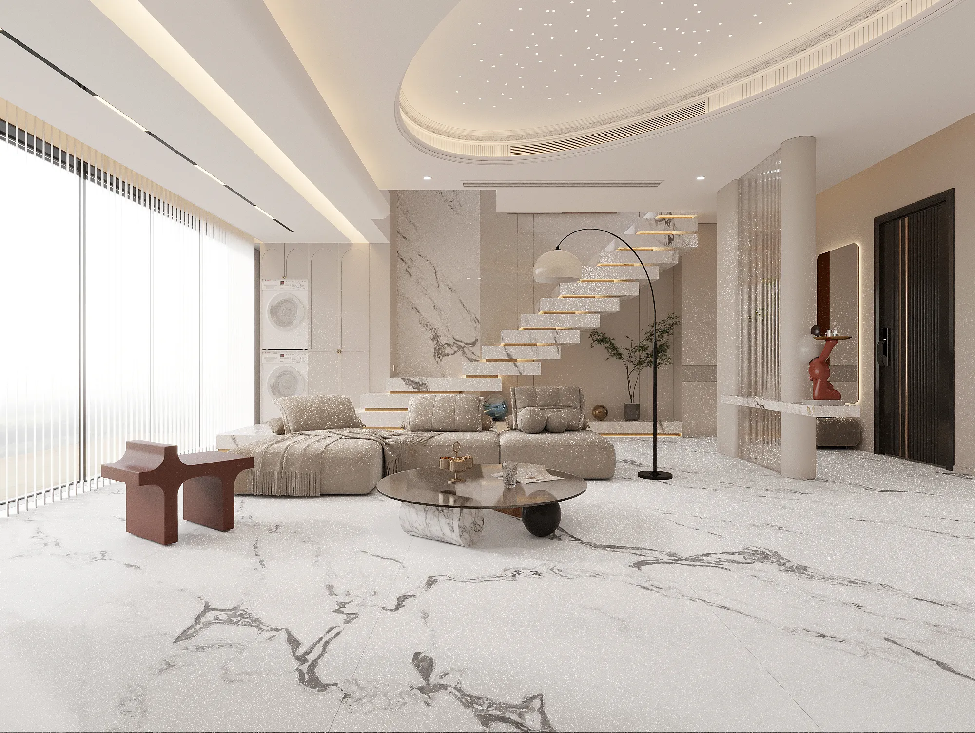 marble look matte textured white sintered stone flooring in modern luxury living room interior