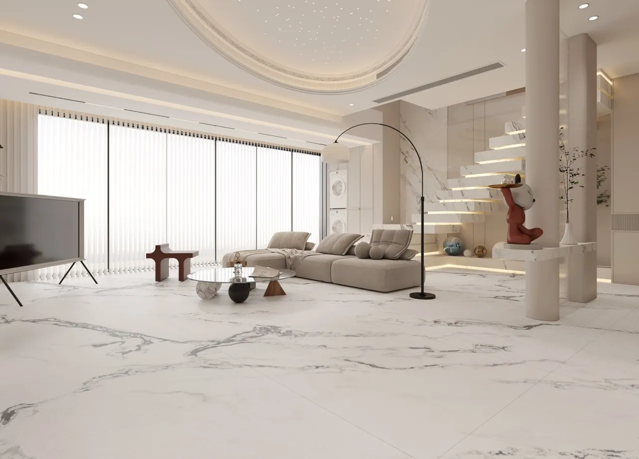 luxury residential living room with marble look matte textured white sintered stone flooring