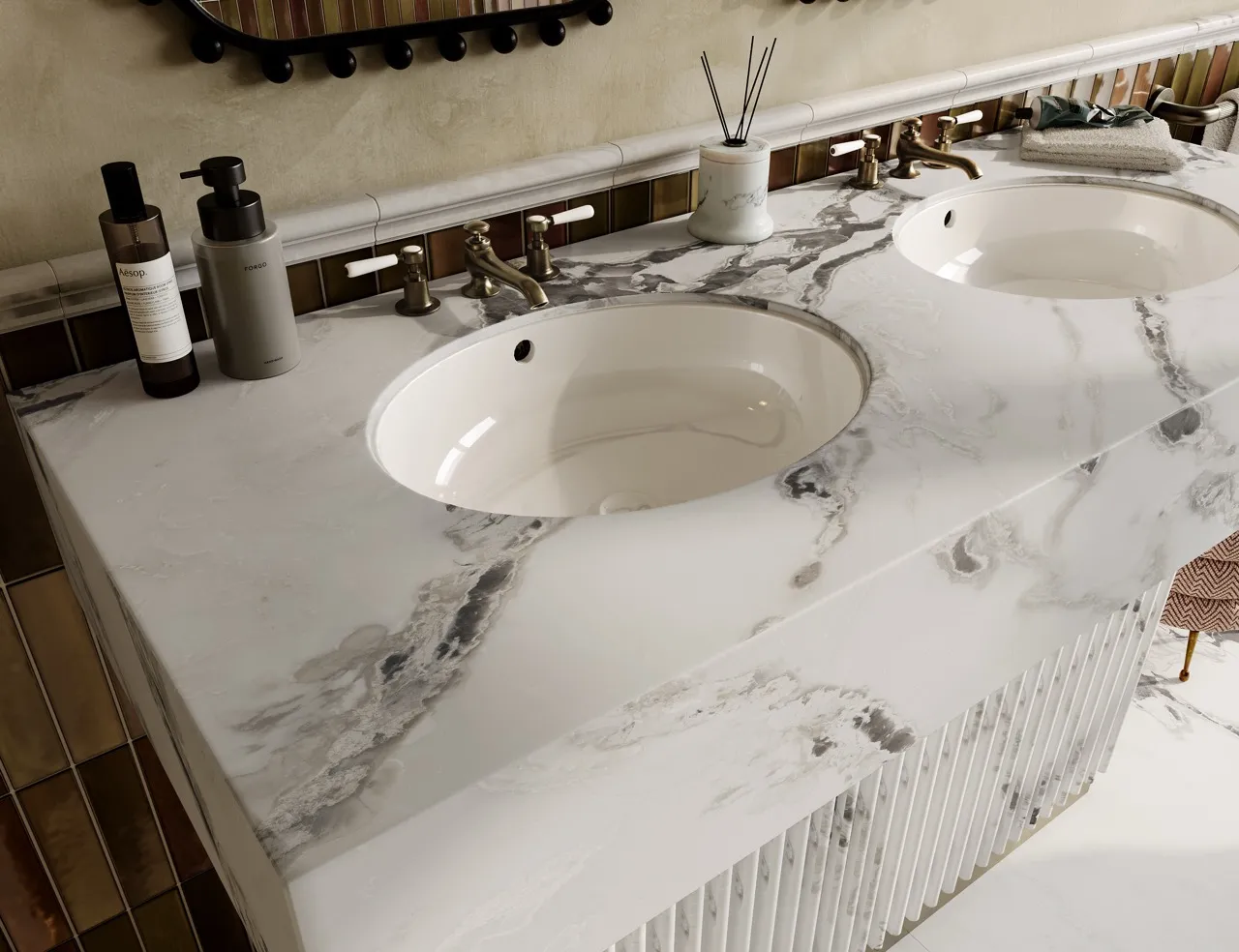marble look matte textured white sintered stone bathroom countertop with gray veining