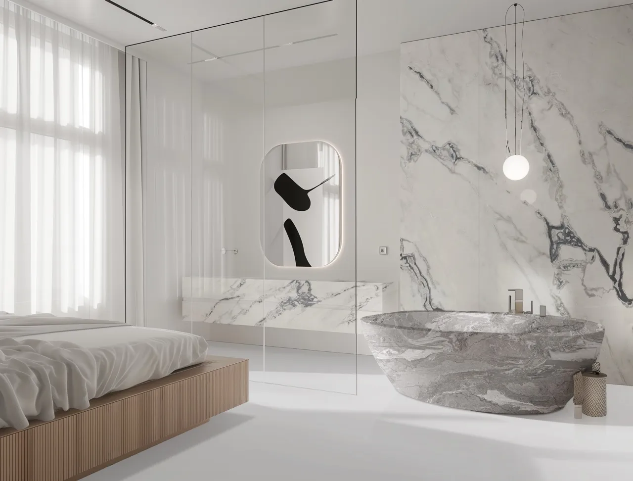 matte textured white marble look sintered stone in modern bedroom bathroom interior