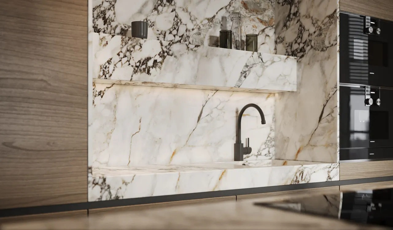 white marble look sintered stone with gold vein used for kitchen wall cladding backsplash and integrated sink area