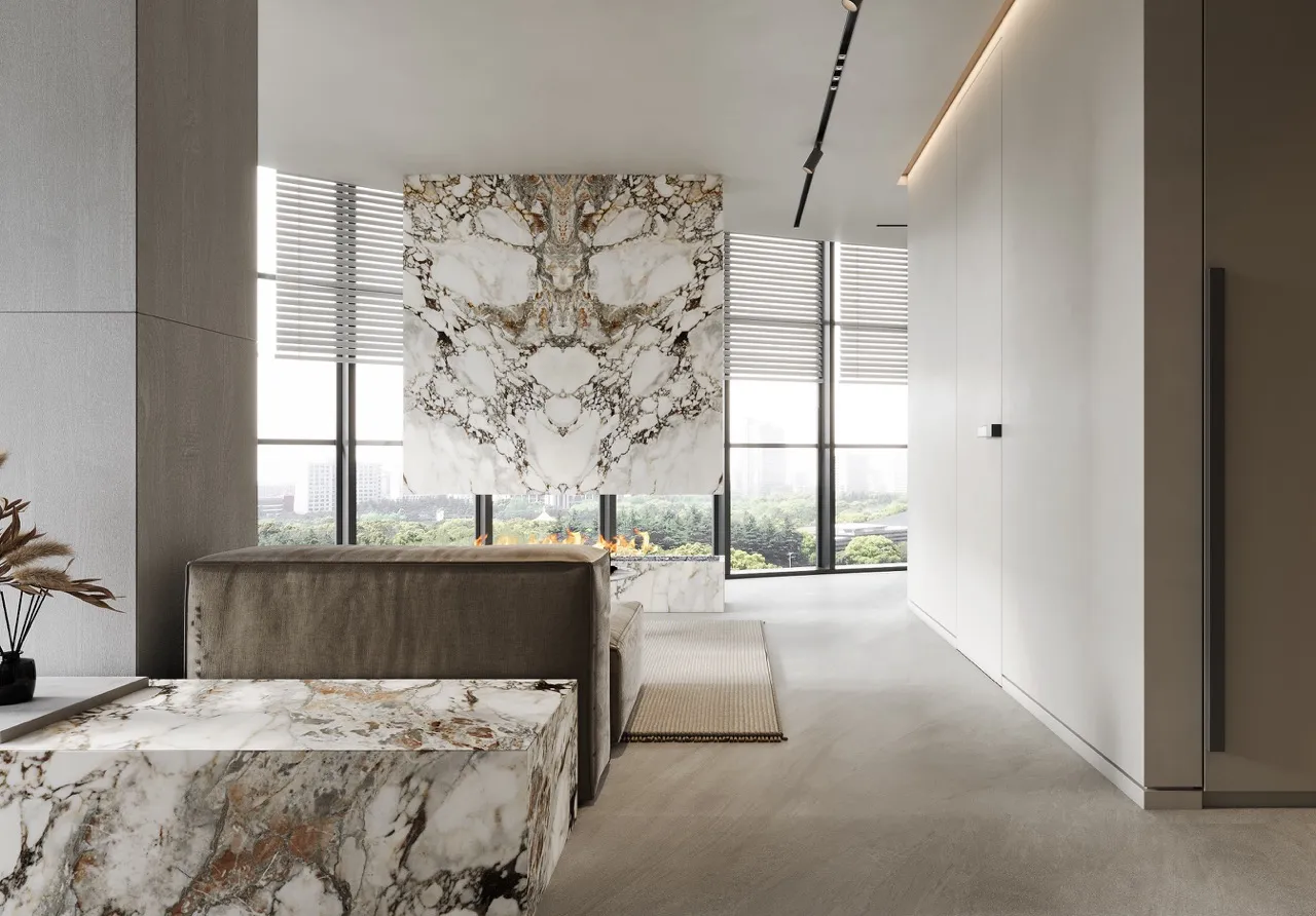 1600x3200mm marble look white sintered stone with gold vein used for luxury living room feature wall and fireplace design