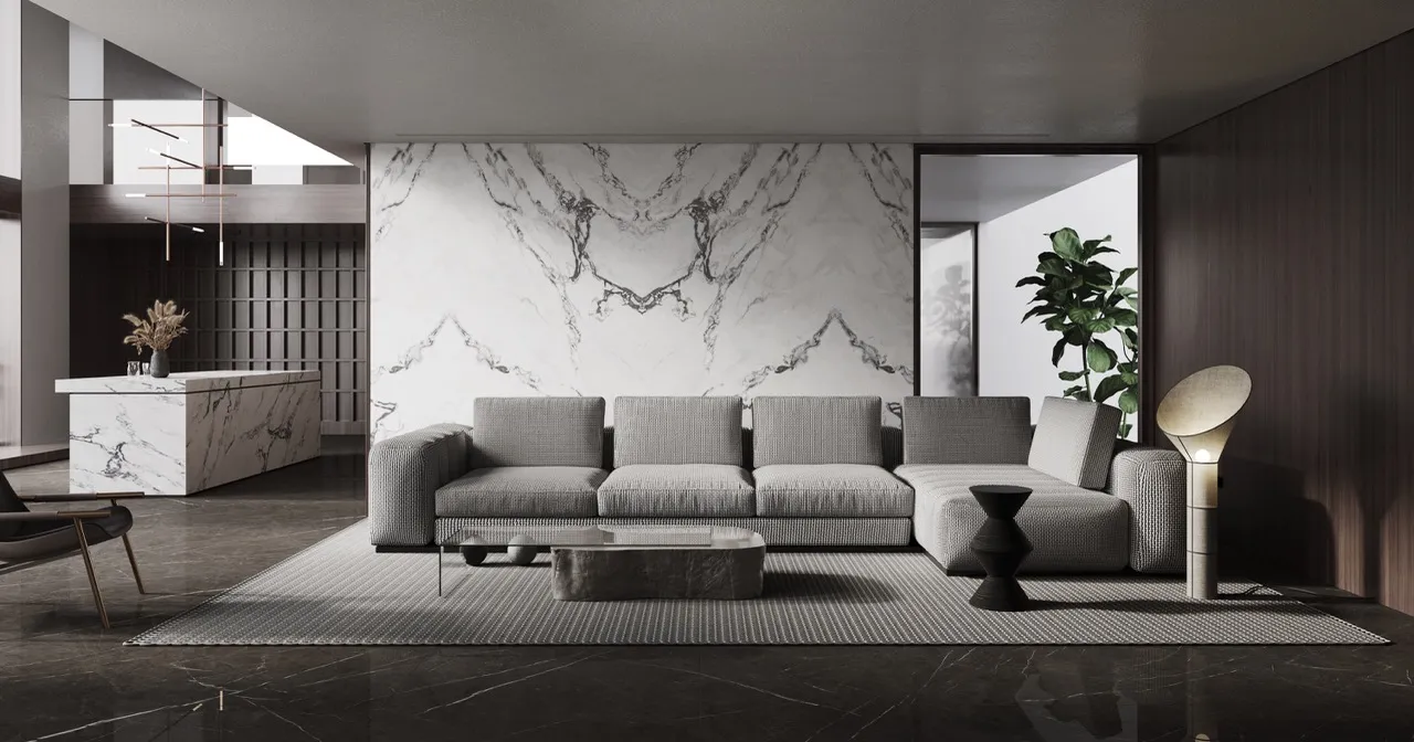 marble look matte white sintered stone feature wall in modern living room interior