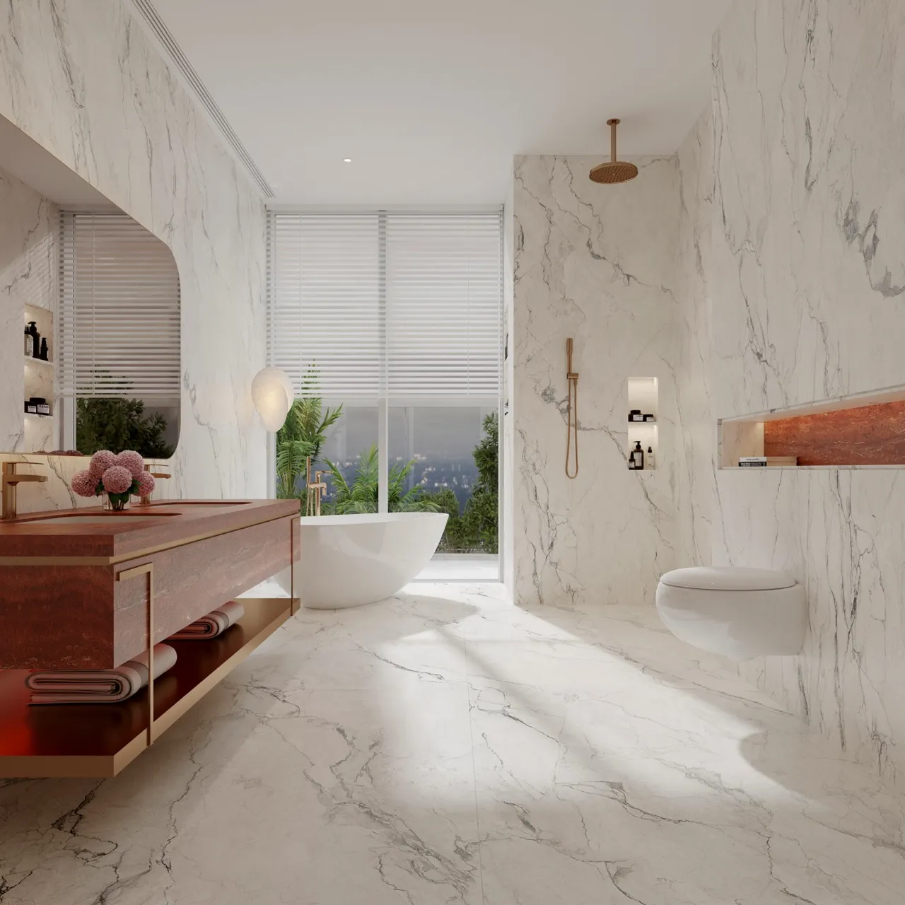 luxury bathroom interior with marble look matte textured white sintered stone walls and floor