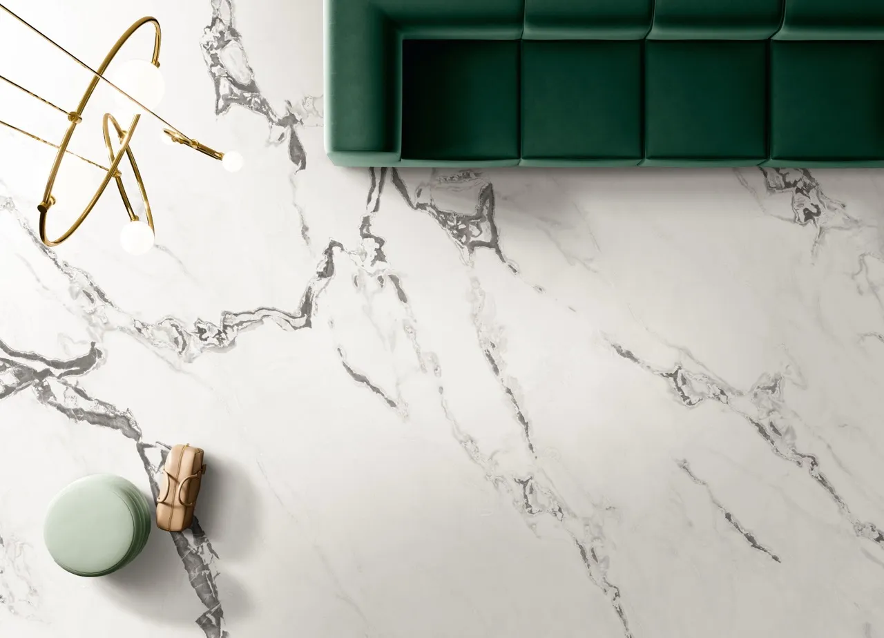modern interior top view with matte textured marble look white sintered stone surface