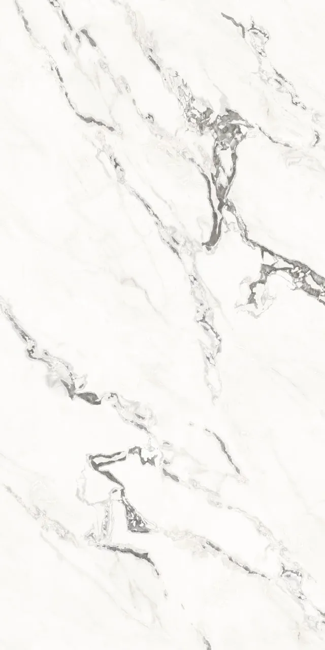 marble look matte textured white sintered stone slab face A with gray veining