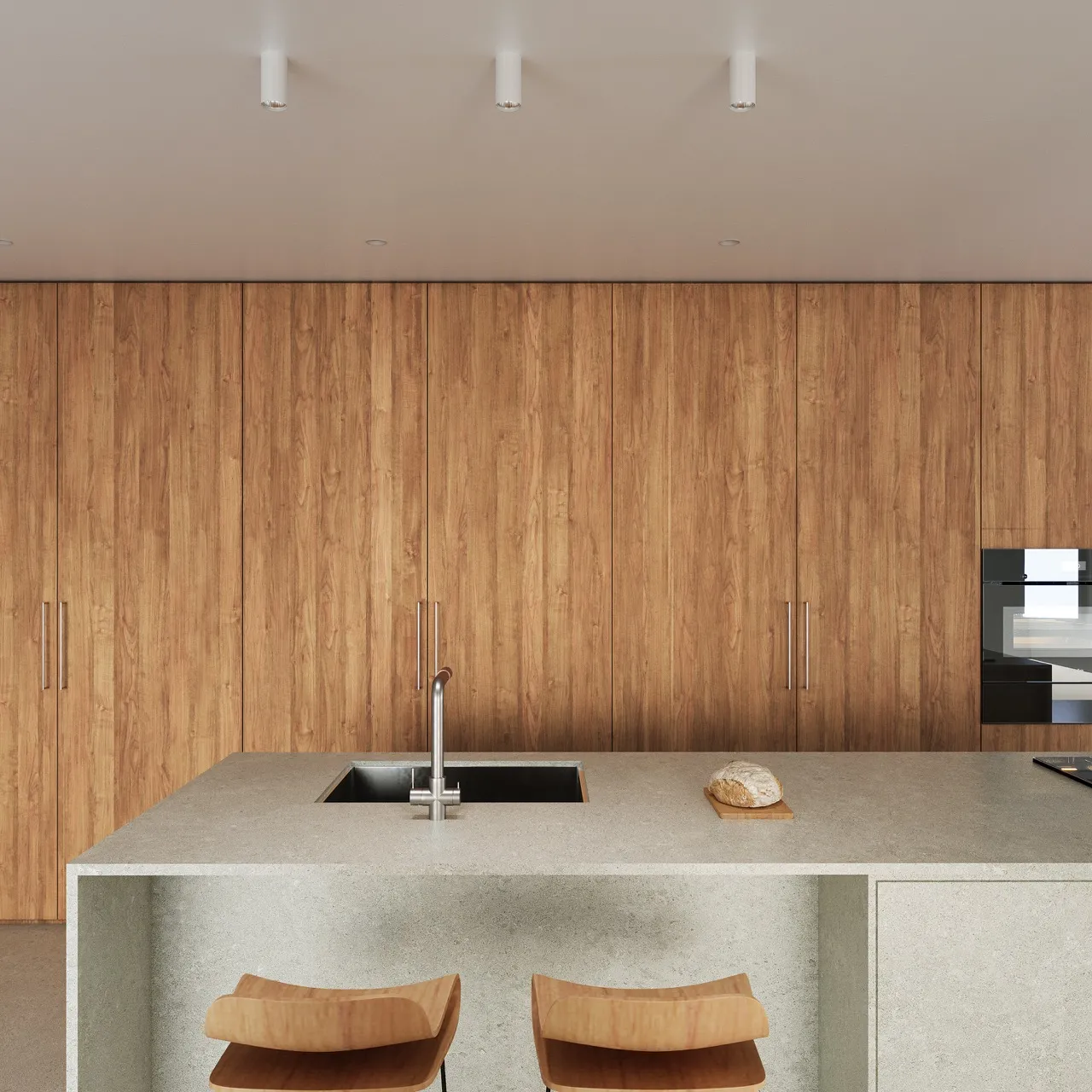 Close-up detail of glazed matte beige limestone look sintered stone countertop surface