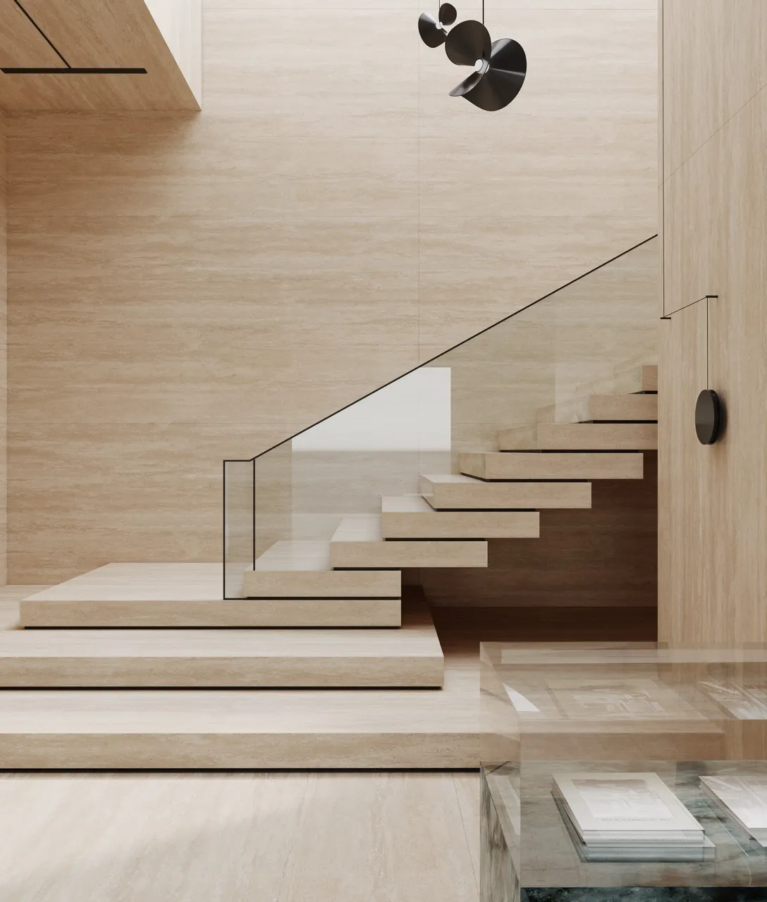 Beige travertine look sintered stone installed on floating staircase and surrounding wall surfaces