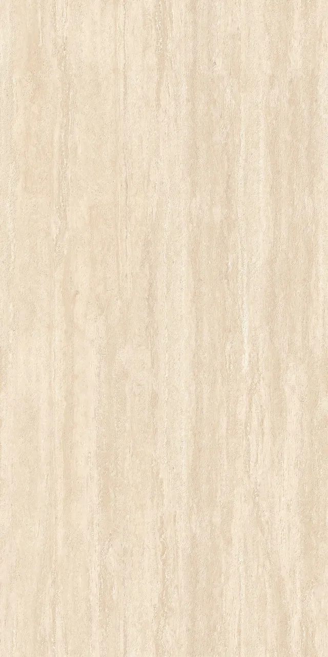 Close-up detail of matte textured beige travertine look sintered stone surface