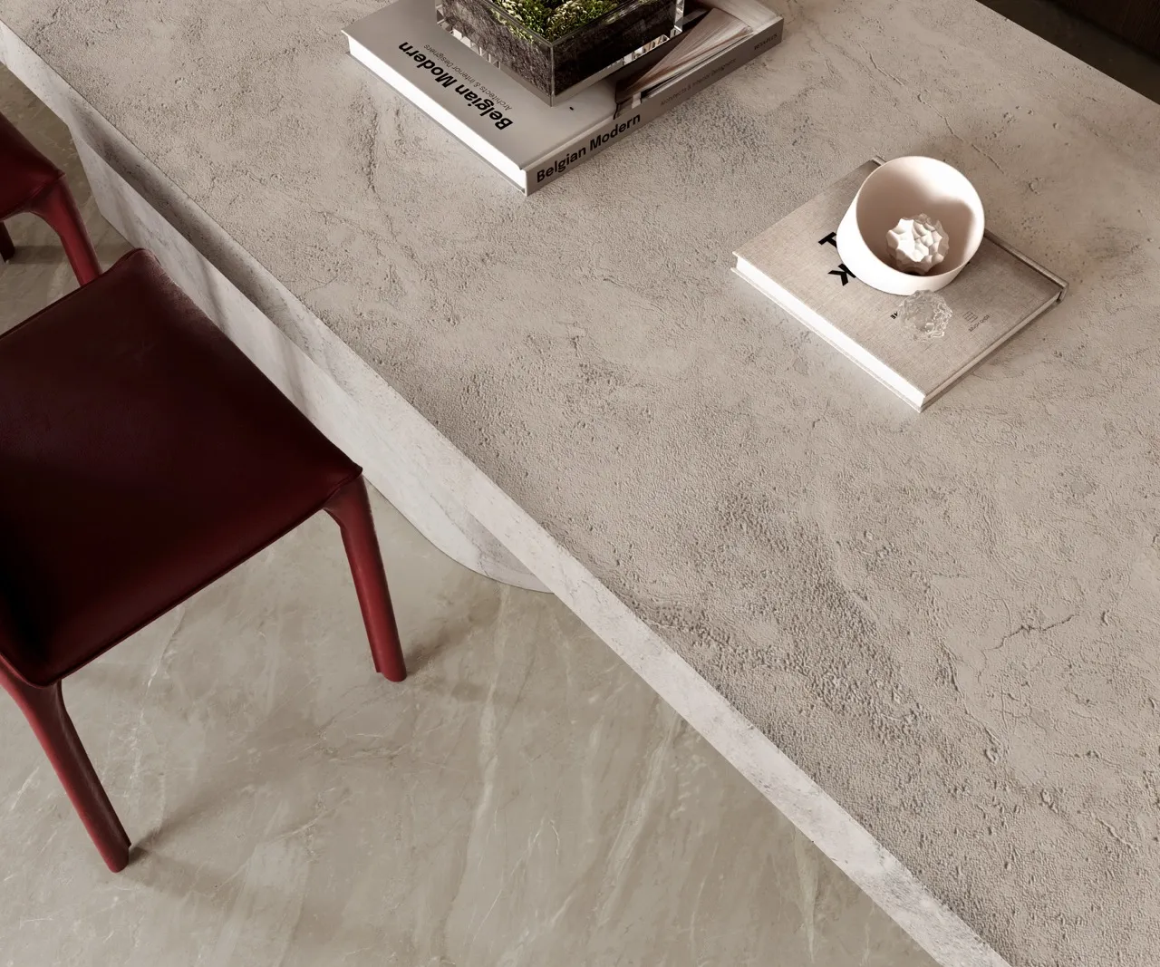 Close-up detail of matte textured ivory white marble look sintered stone surface