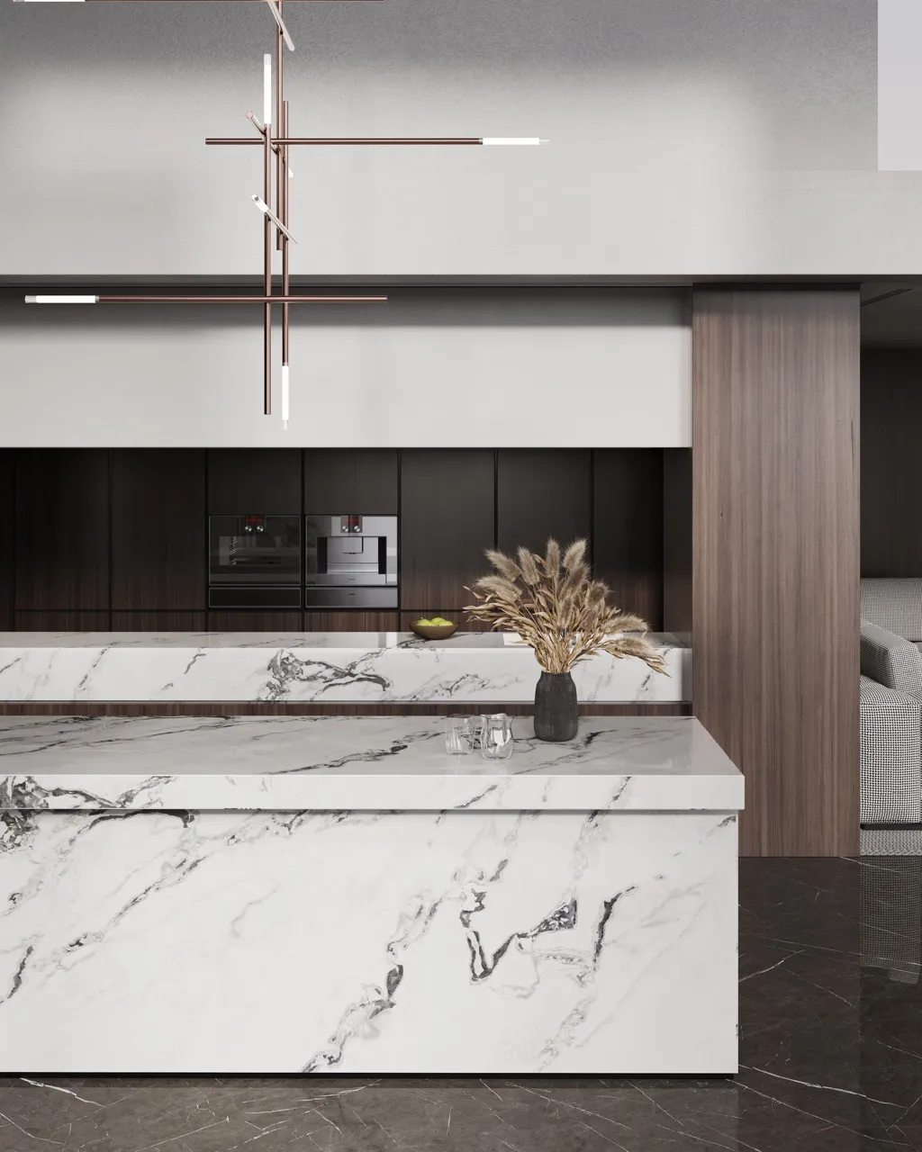 matte textured white marble look sintered stone kitchen countertop and island
