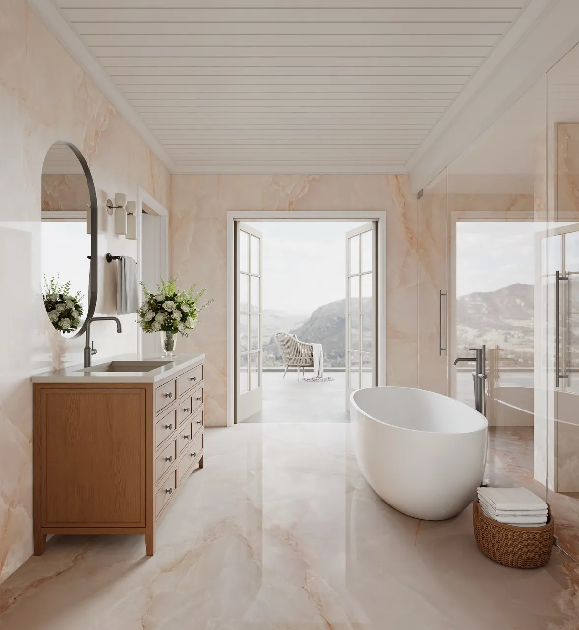 Luxury bathroom interior featuring pink white onyx look glossy sintered stone walls and flooring