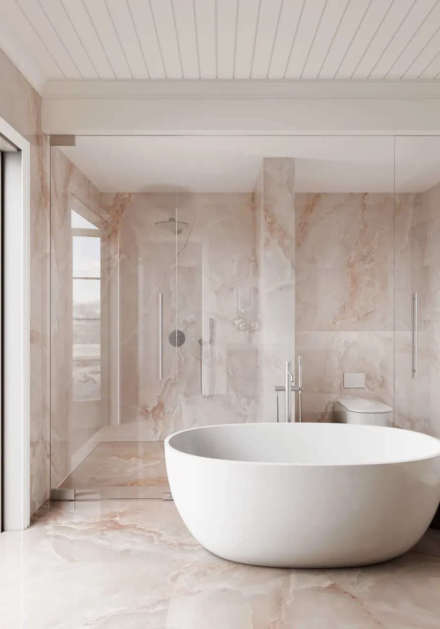 Pink white onyx look glossy sintered stone applied on bathroom walls and floors in a luxury residential interior