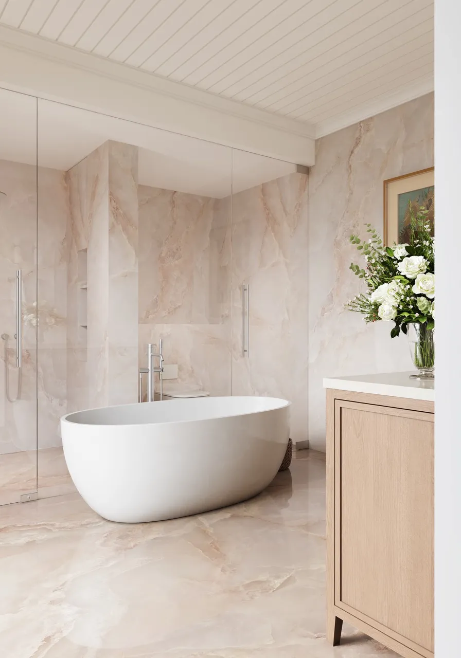 Contemporary bathroom interior designed with glossy pink white onyx look sintered stone surfaces
