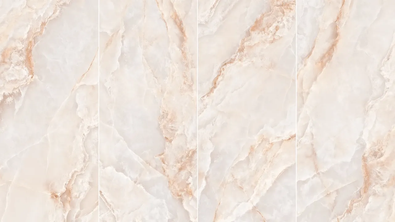 Pink white onyx look sintered stone 4-face slab layout with coordinated natural veining variation