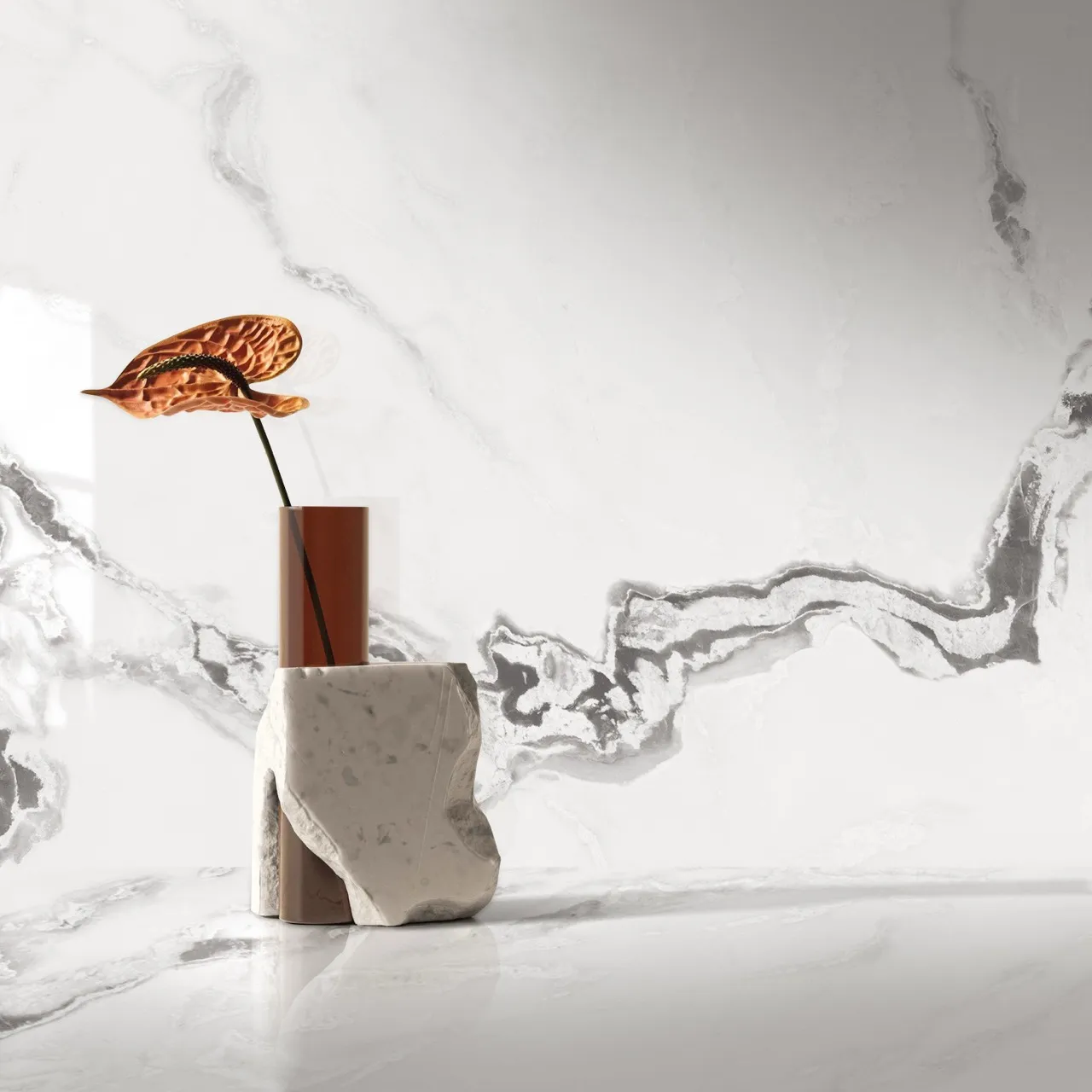 decorative close up of glossy white marble look sintered stone with elegant grey marble veining