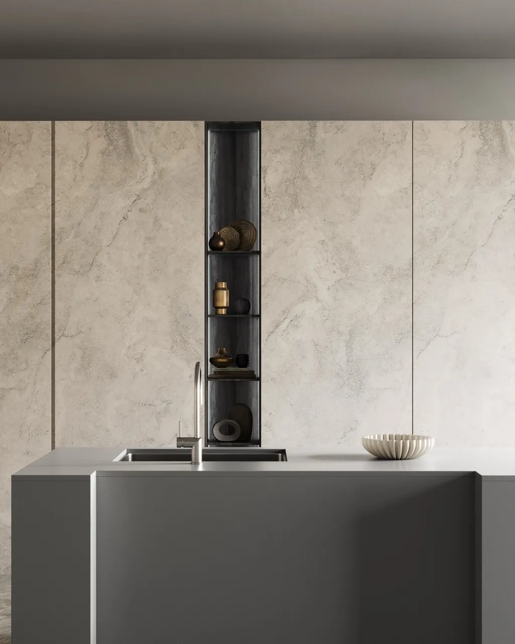 rock gray cement look matte sintered stone kitchen countertop close-up application