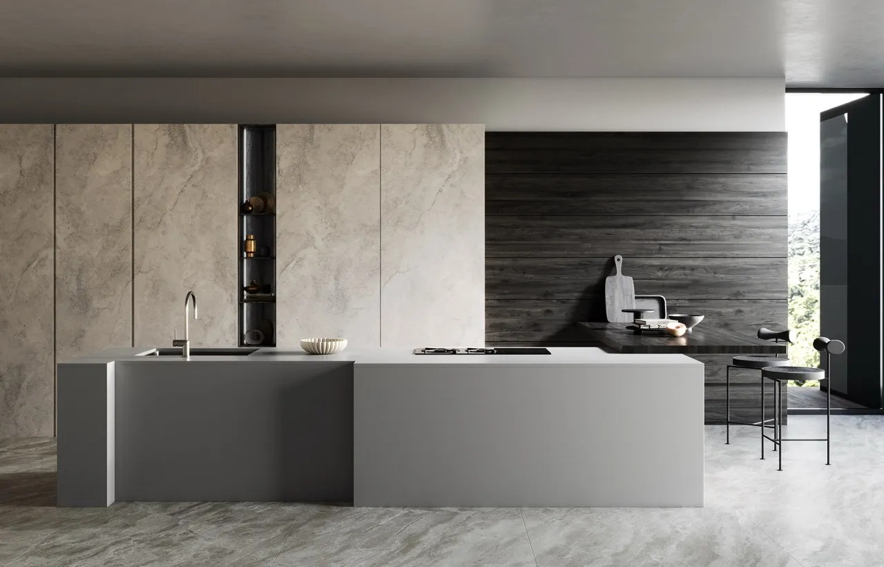 1600x3200x12mm rock gray cement look sintered stone kitchen countertop application