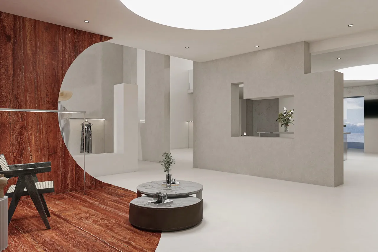 Commercial showroom featuring warm gray limestone look sintered stone flooring