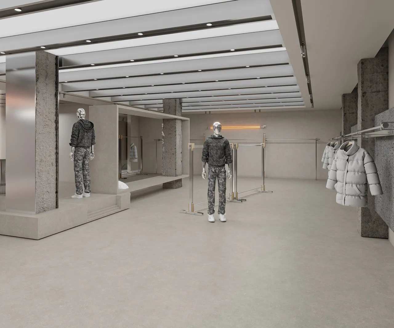 Modern retail interior featuring warm gray limestone look sintered stone flooring and wall surfaces