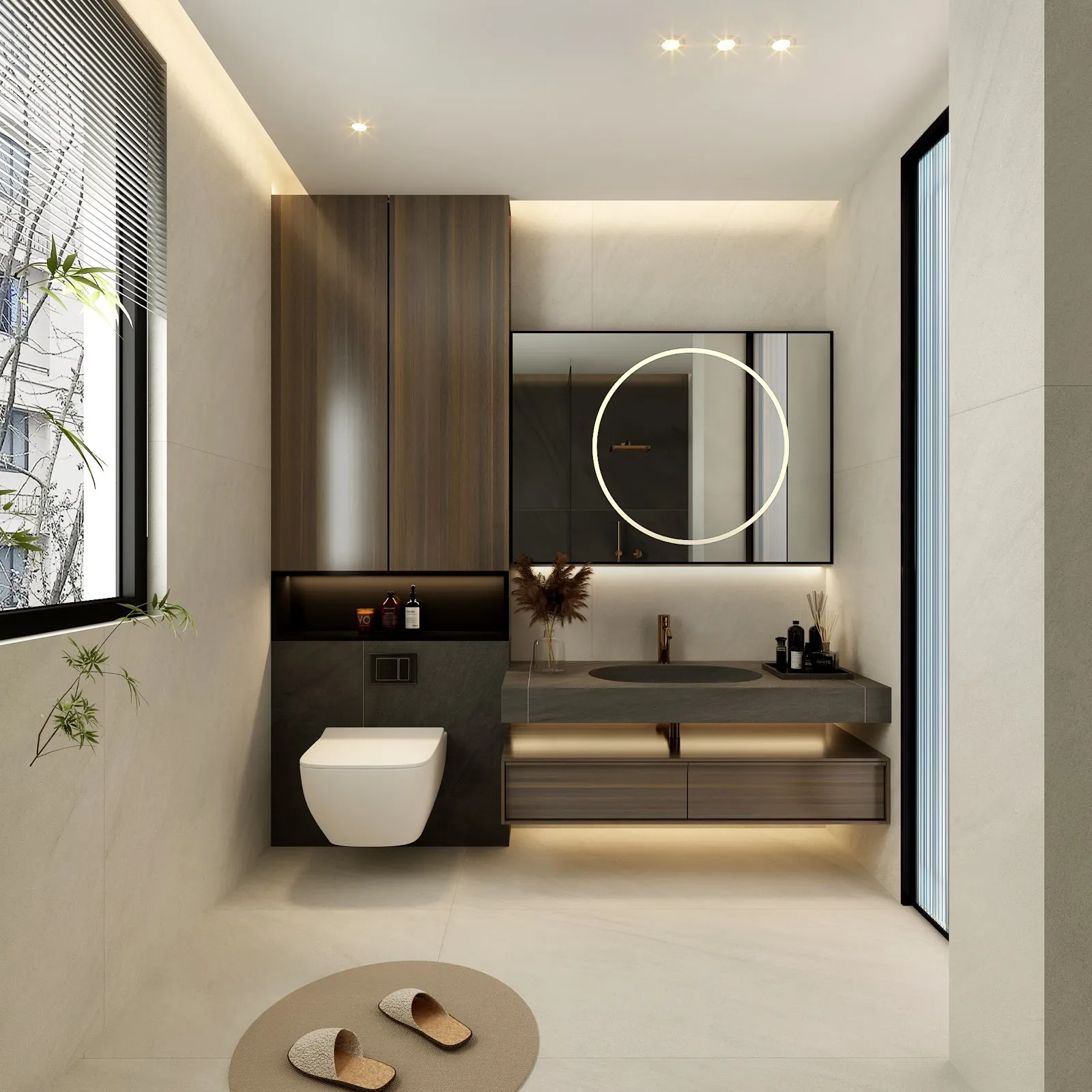 OS512DG126, OS512DG606 white Gray Sandstone Porcelain Tile in 600x1200mm and 600x600mm, shown as a bathroom scene with tiled walls, a vanity area, shower glass, and matching floor tile