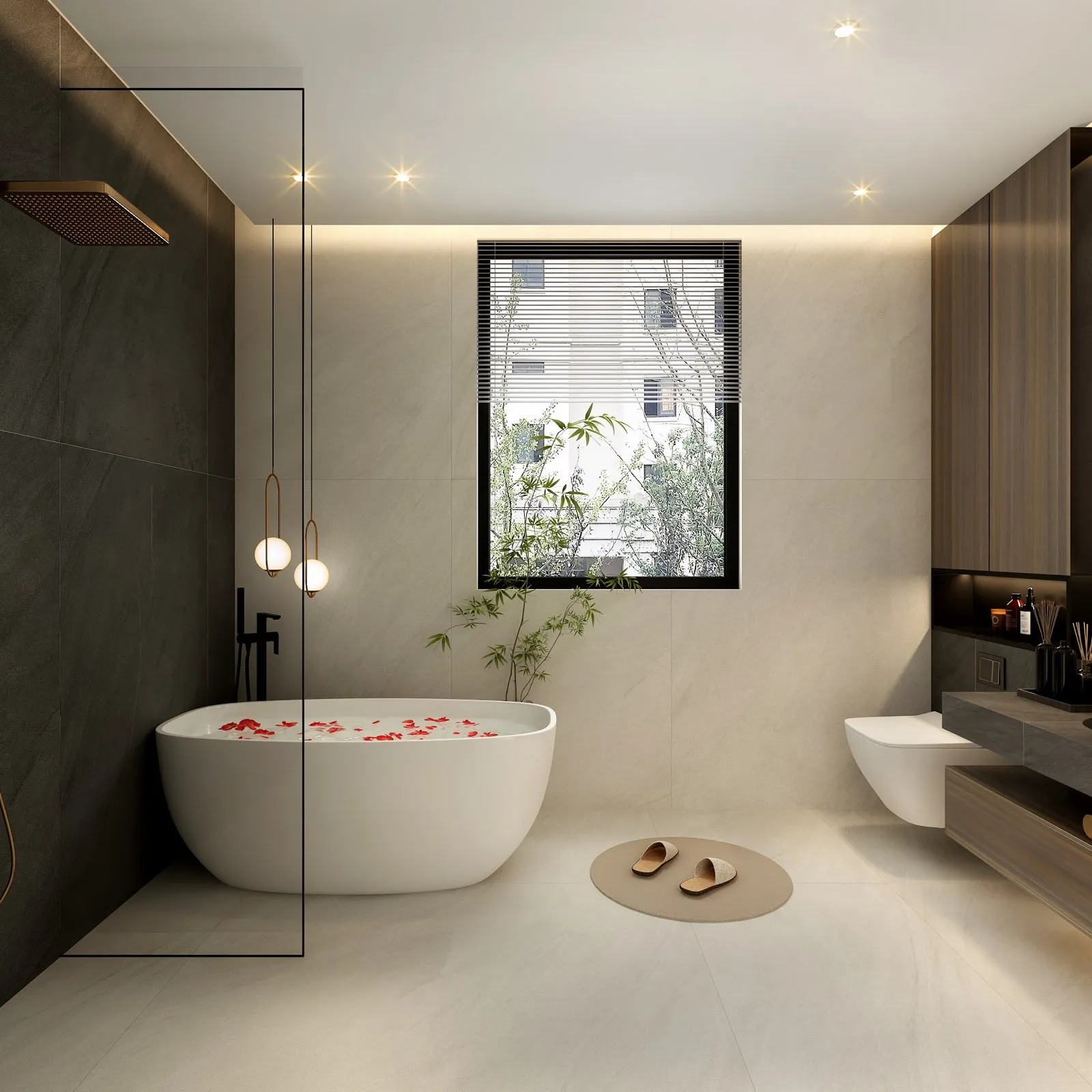 OS512DG126, OS512DG606 white Gray Sandstone Porcelain Tile in 600x1200mm and 600x600mm, shown as a bathroom scene with tiled walls, a vanity area, shower glass, and matching floor tile