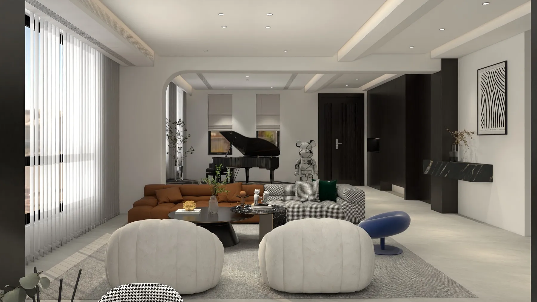 OS512DG126, OS512DG606 white Gray Sandstone Porcelain Tile in 600x1200mm and 600x600mm, shown as a living room interior with large porcelain floor tiles and soft natural lighting