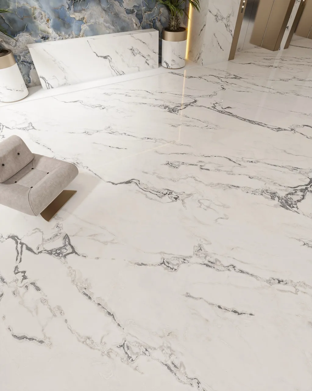 glossy white marble look sintered stone used for luxury interior floor applications