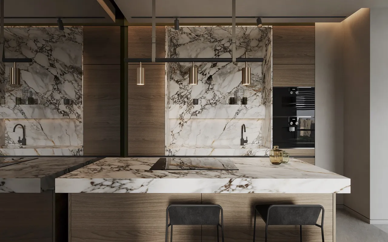 large format marble look white sintered stone with gold vein used for modern kitchen countertop and backsplash