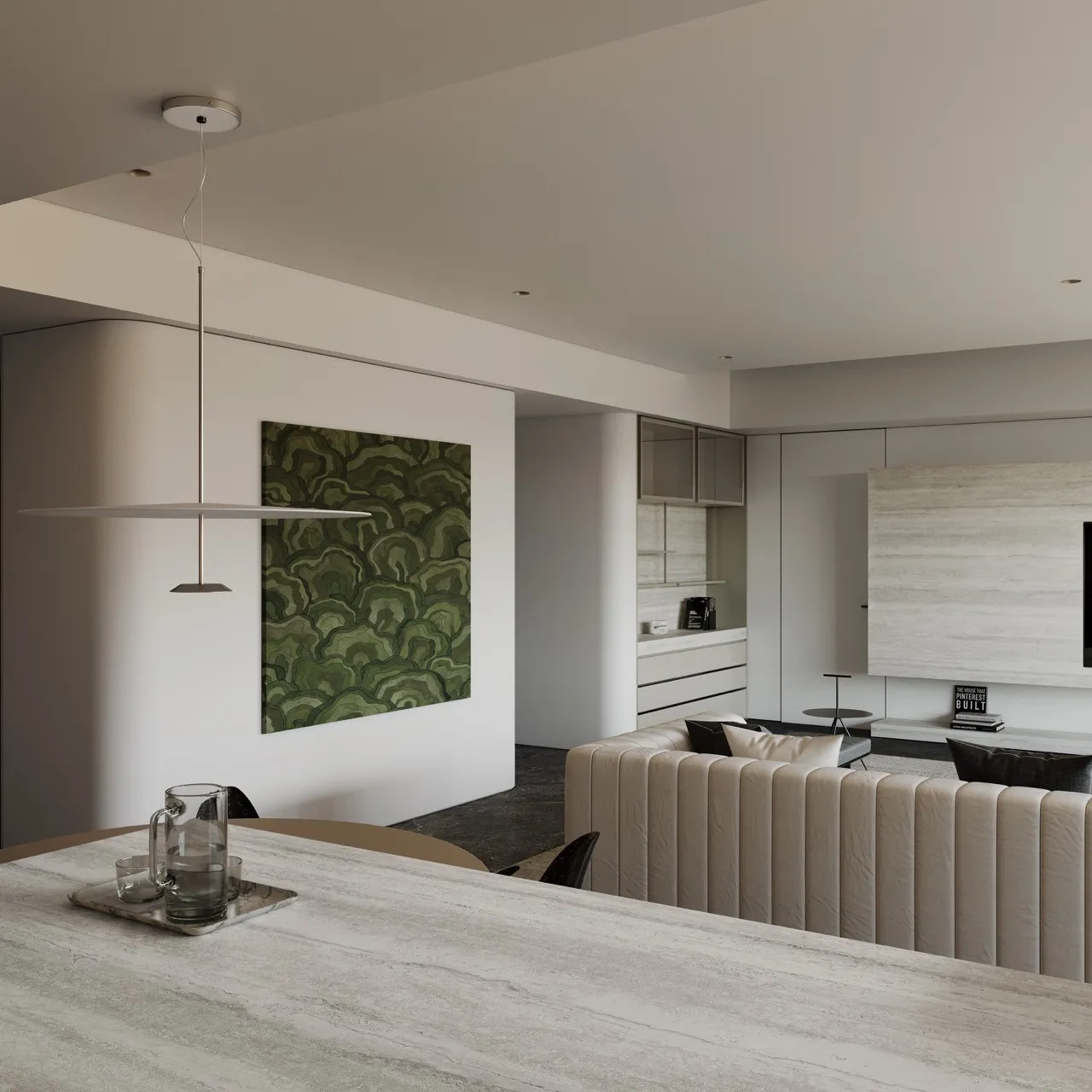 Large format white travertine look sintered stone used for kitchen countertops and modern interior applications