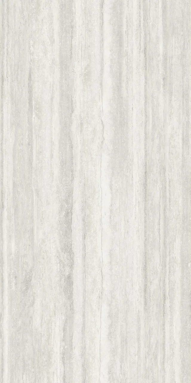 Close-up detail of matte textured white travertine look sintered stone surface