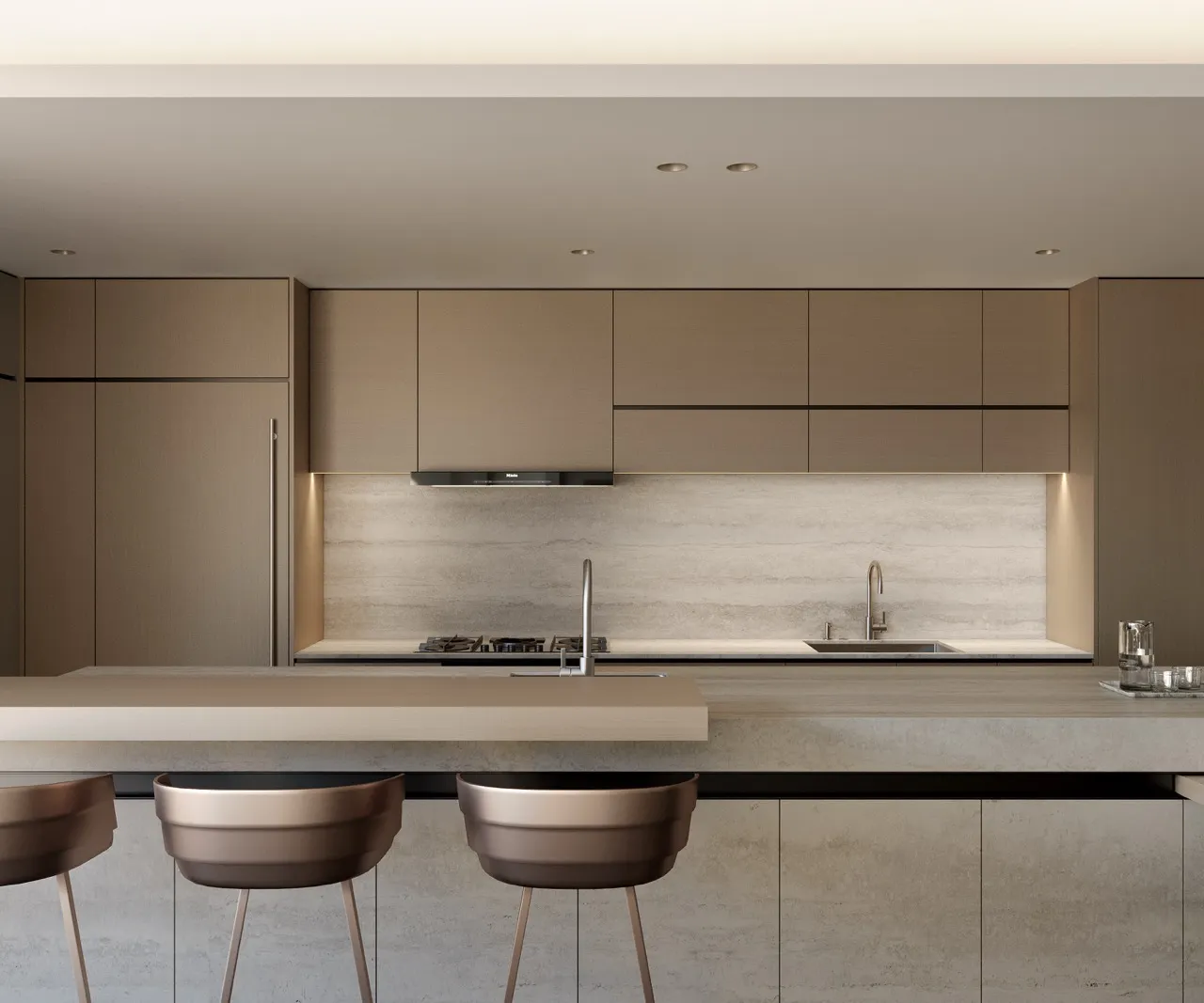 White travertine look sintered stone installed as kitchen backsplash and countertop surfaces