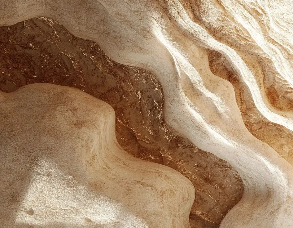 Abstract beige and brown layered natural stone texture with flowing organic contours.