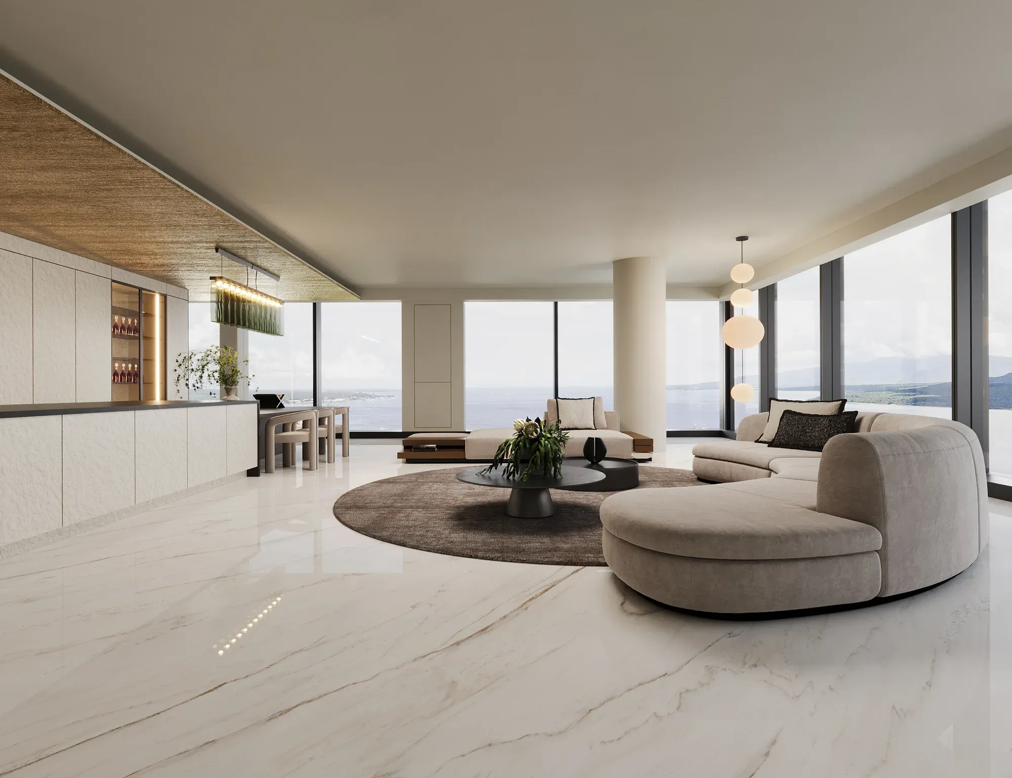 Aureate Drift white and gold sintered stone used in a open-plan living room floor
