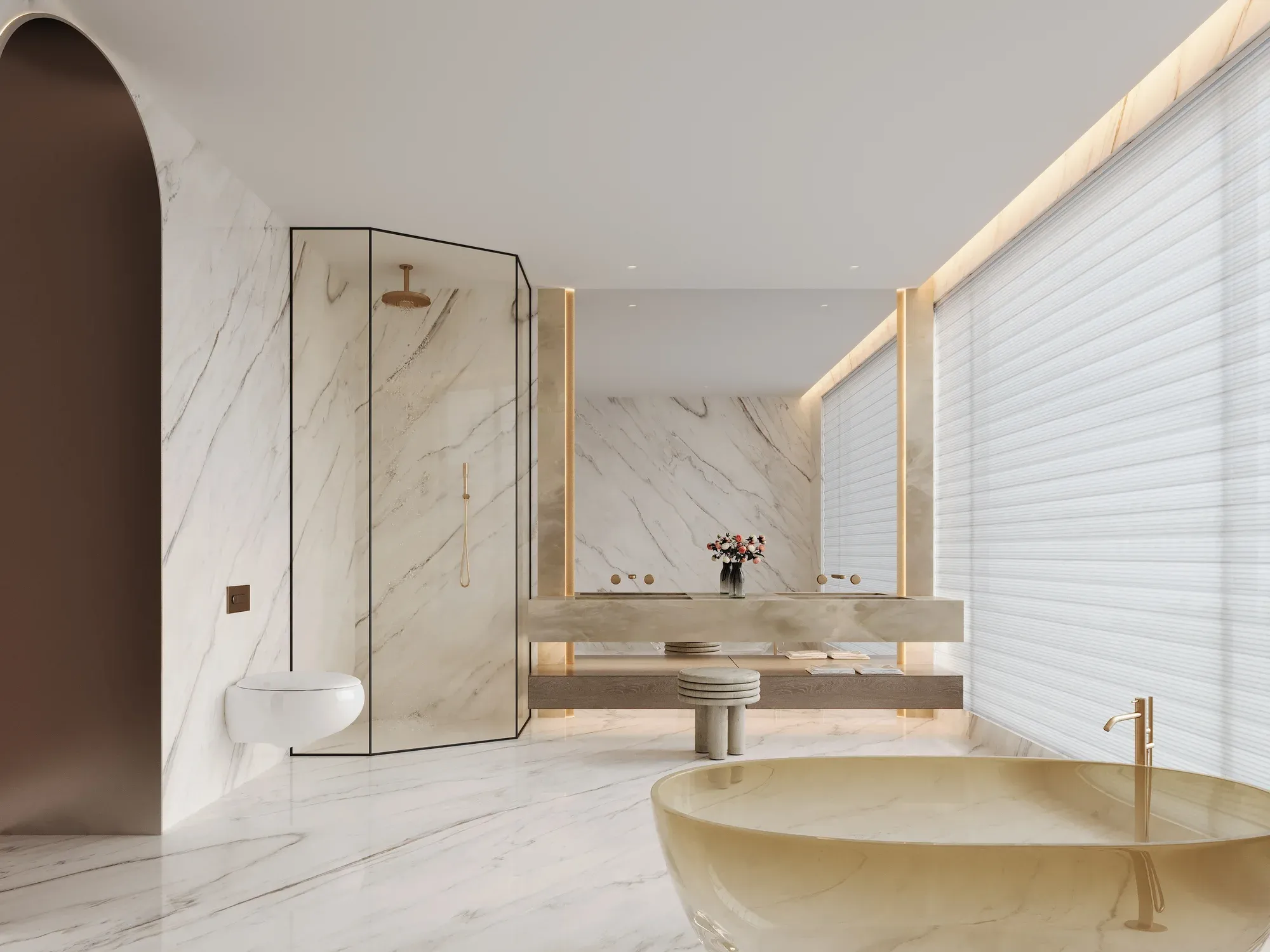 Aureate Drift white and gold sintered stone used in a white and gold bathroom wall and floor