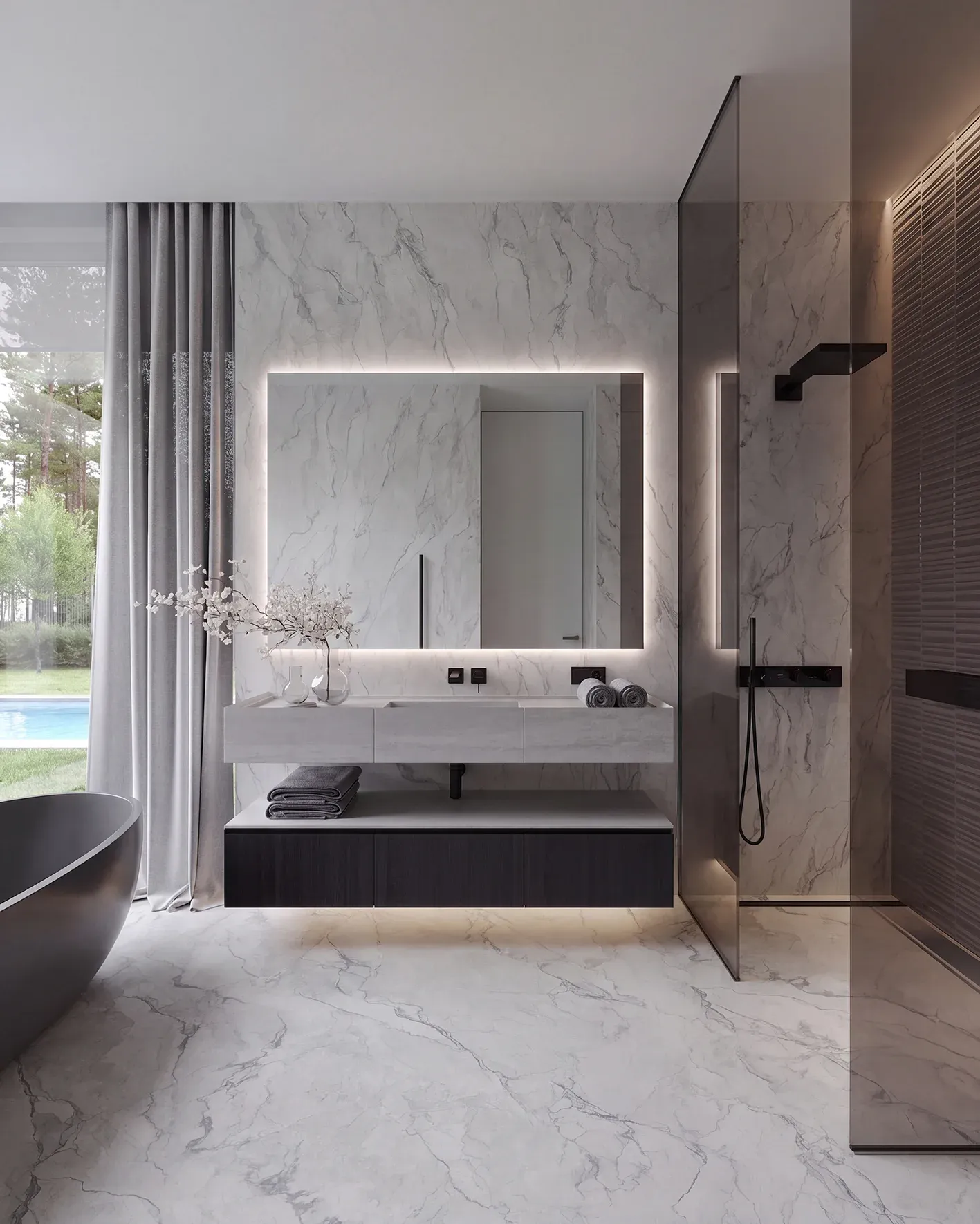 Camouflage white gray sintered stone used in a bathroom vanity wall and floor