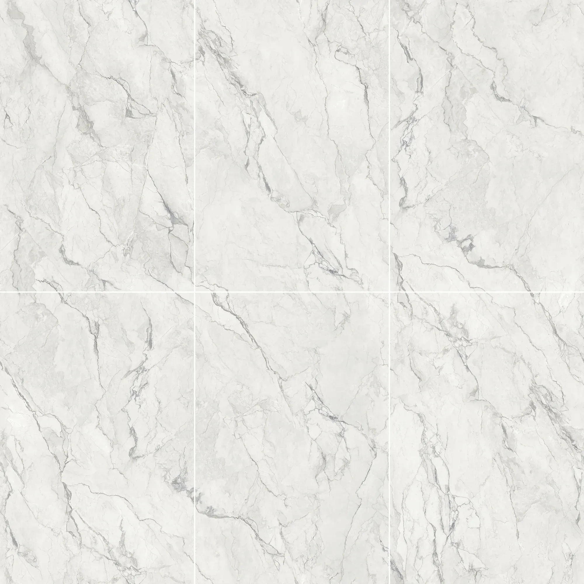 Six coordinated Camouflage white gray marble look sintered stone slab faces