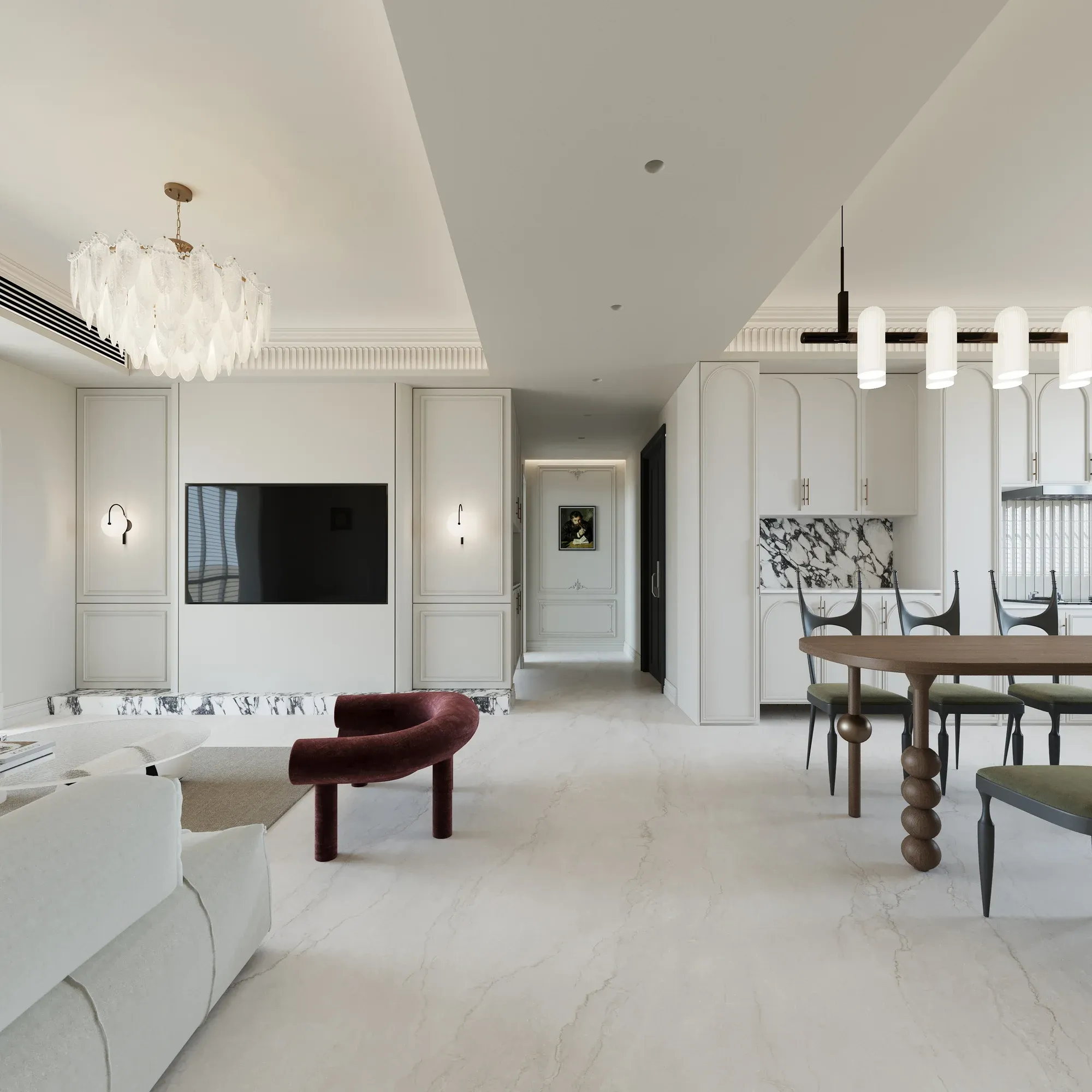 Champagne Veil beige sintered stone used in a open-plan living and dining room floor
